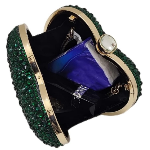 Emerald Green Heart Shaped Purse Crystal Clutch Crossbody Chain Event Mini Bag - Picture 5 of 16